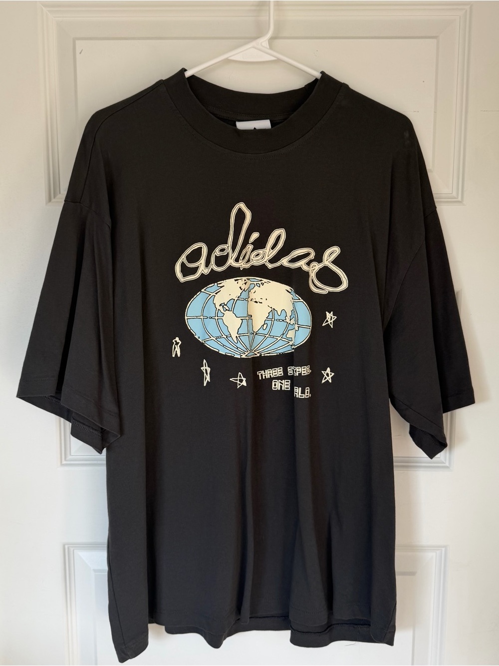 adidas Black Graphic Tee with Blue Globe Print